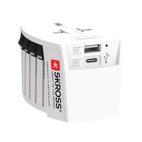 SKROSS MUV 2-polige wereldreisadapter met USB A en C