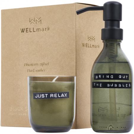 Wellmark discovery 200 ml handzeepdispenser en 150 g geurkaarsenset - donker amberkleurige geur 
